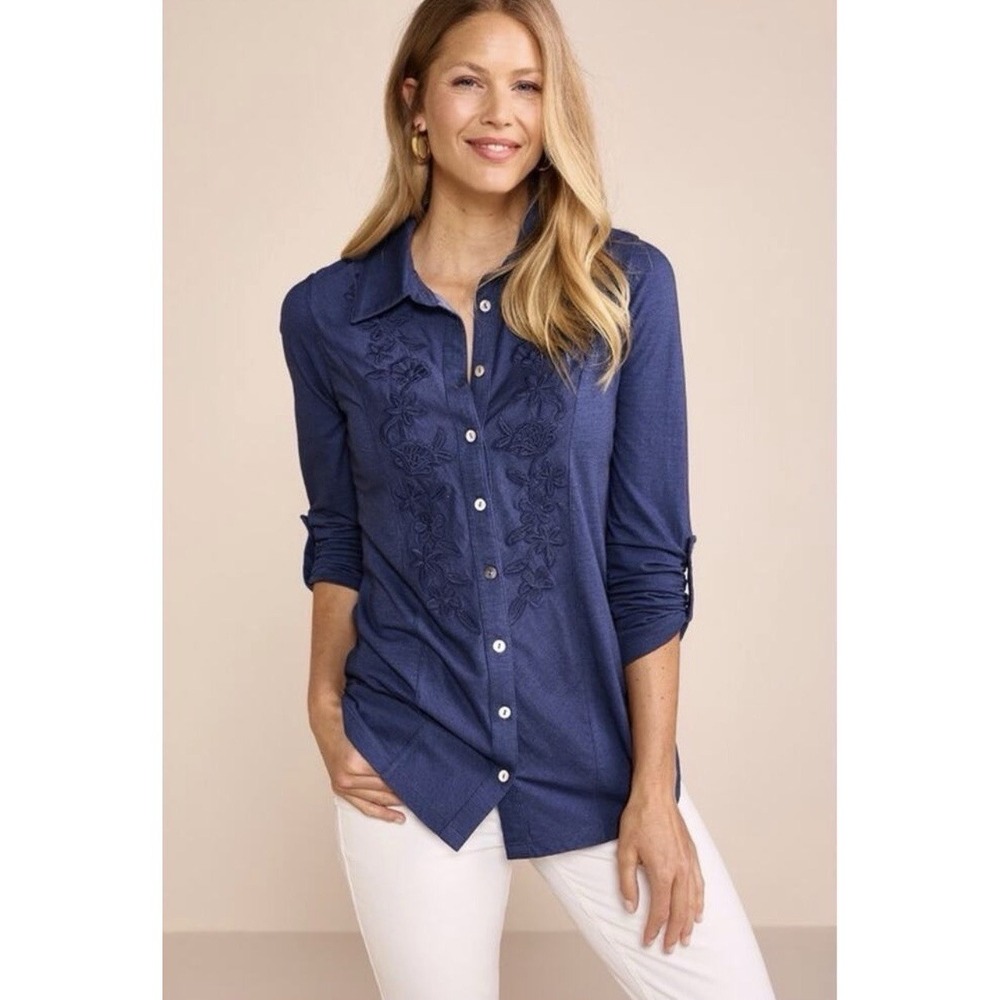 Soft Surroundings Large Embroidered Button Down Top Blue Tonal Stripes Slim Soft